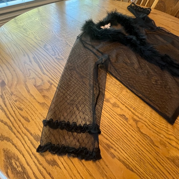 Victoria's Secret Black Sheer Lace Open Jacket Top Feather Boa Trim M/L Y2K Era? - Picture 2 of 11